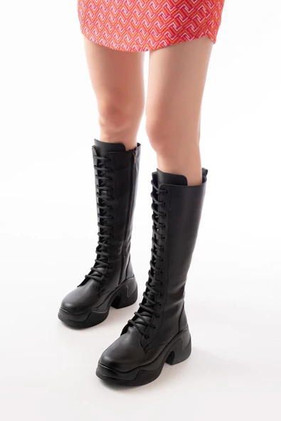 FZ-2450 Kahverengi Yüksek Tabanlı Bağcıklı Fermuarlı Günlük Kadın Çizme - 9