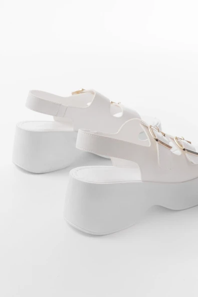 24414-572 Beyaz Tokalı Günlük Dolgu Topuk Kadın Sandalet - 5