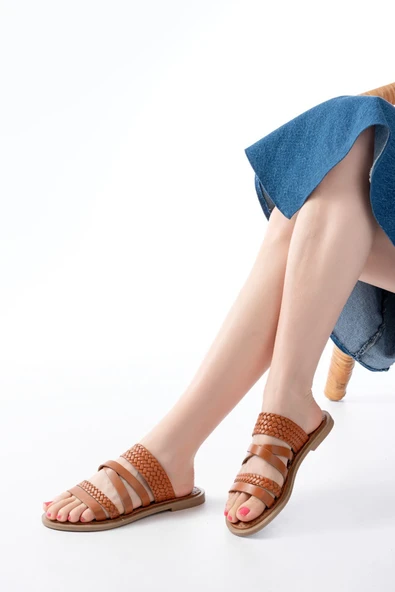 169-161 Taba Örgülü Ortopedik Taban Hakiki Deri Kadın Sandalet - 2