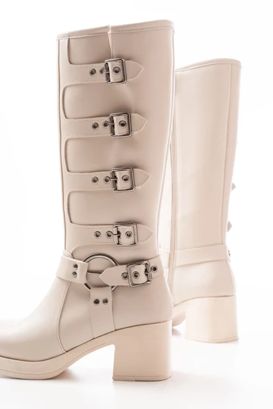 5109-3015 Siyah Topuklu Fermuarlı Toka Aksesuarlı Günlük Kadın Çizme - 8