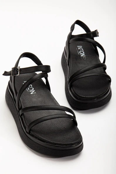 24422-844 Siyah Dolgu Topuk Kadın Sandalet - 3