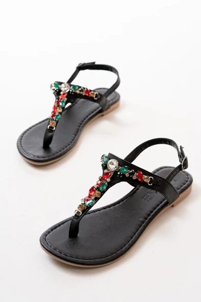 152-1110 Siyah Taşlı Parmak Arası Kadın Sandalet - 5