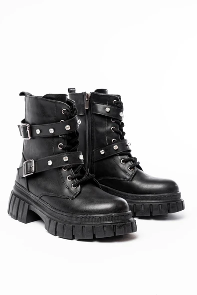 842-03 Bej Bağcıklı Kalın Tabanlı Bağcıklı Fermuarlı Günlük Kadın Bot - 8