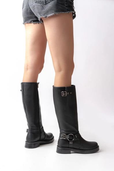 02-312 Bordo Toka Aksesuarlı Fermuarlı Günlük Kadın Çizme - 10