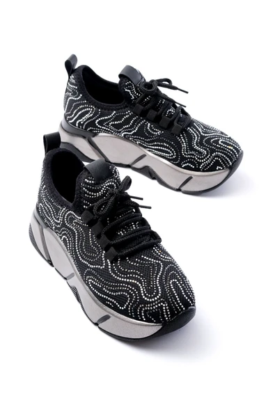 RS-402 Siyah Bağcıklı Fileli Taşlı Platin Taban Günlük Kadın Spor - 4