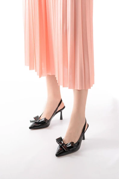 İnf-4501 Siyah Rugan Günlük Arkası Açık Fiyonklu Topuklu Ayakkabı - 2