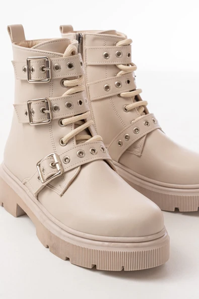 508-3039 Bej Toka Aksesuarlı Fermuarlı  Günlük Kadın Bot - 5