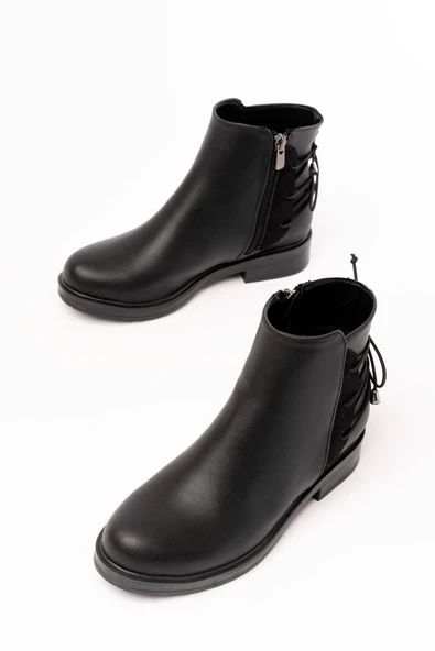 165-209 Siyah Leopar Arka Bağcık Aksesuarlı Fermuarlı Günlük Kadın Bot - 10