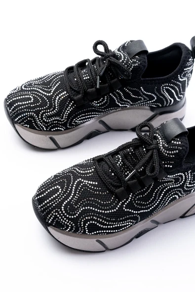 RS-402 Siyah Bağcıklı Fileli Taşlı Platin Taban Günlük Kadın Spor - 5