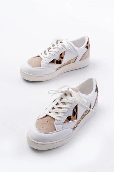 SV-01 Beyaz Leopar Desenli Bağcıklı Kadın Spor Ayakkabı - 6