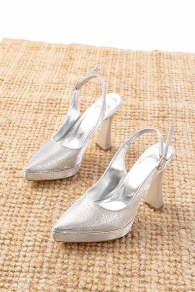 B-2101 Gold Günlük Arkası Açık Yılan Desenli Topuklu Ayakkabı - 6