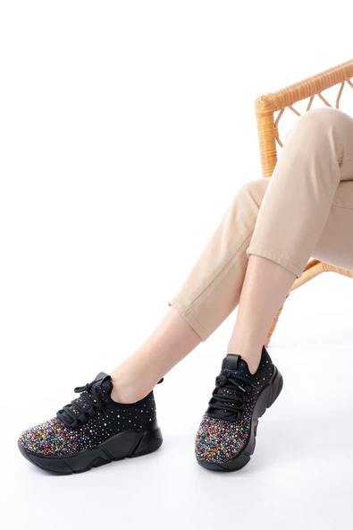 RS-403 Siyah Bağcıklı Fileli Multi Taşlı Renkli Taban Günlük Kadın Spor - 6