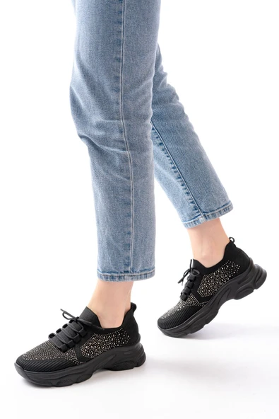 3002 Beyaz Bağcıklı Fileli Taş Aksesuarlı Günlük Spor Ayakkabı - 10