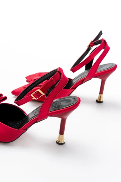 İnf-4505 Bordo Saten Günlük Arkası Açık Kurdele Detaylı Topuklu Ayakkabı - 5