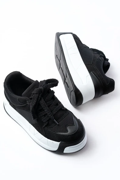 SP-190 Siyah Garni Bağcıklı Fileli Yüksek Taban Günlük Spor Ayakkabı - 7