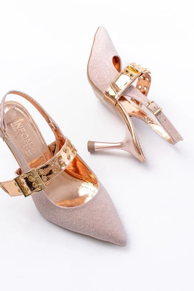 İnf-260 Rose Simli Günlük Arkası Açık Baret Tokalı Topuklu Ayakkabı - 4