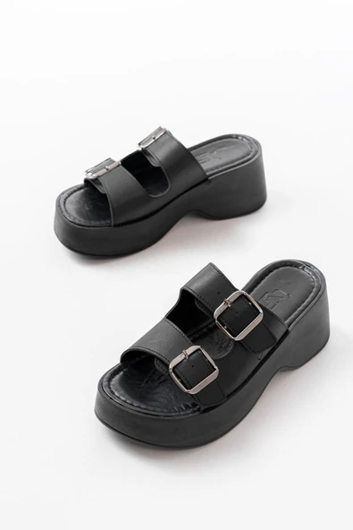 24414-574 Siyah Günlük Tokalı Dolgu Topuk Kadın Terlik - 3