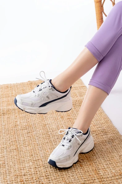 F-329 Beyaz Günlük Bağcıklı Lacivert Desenli Yazlık Spor Ayakkabı - 2