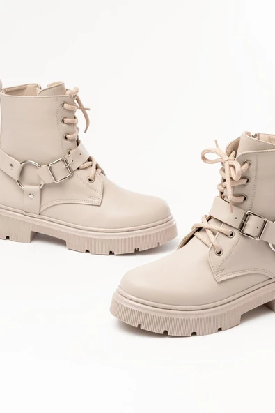 508-3038 Bej Toka Aksesuarlı Fermuarlı Günlük Kadın Bot - 4