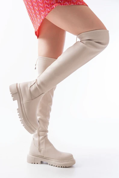 812-2194 Kahverengi Fermuarlı Diz Üstü Bağcıklı Çorap Günlük Kadın Çizme - 7