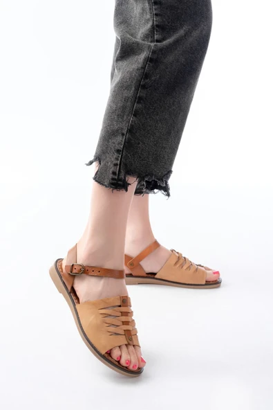 205-029 Taba Ortopedik Hakiki Deri Kadın Sandalet - 2