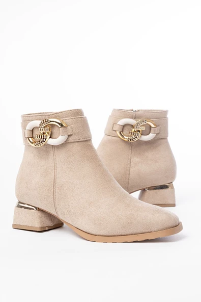 RM-504 Bej Toka Aksesuarlı Topuklu Fermuarlı Günlük Kadın Bot - 11