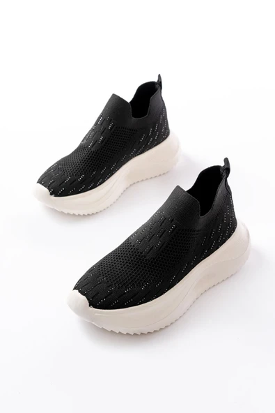 DM-707 Siyah Fileli Beyaz Faillant Taban Taş Aksesuarlı Günlük Spor Ayakkab - 5