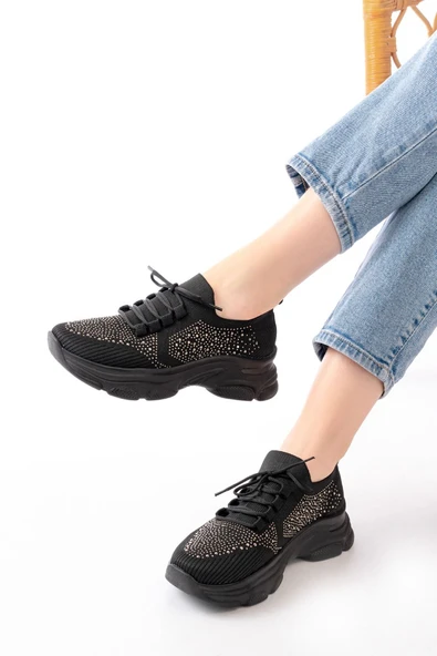 3002 Beyaz Bağcıklı Fileli Taş Aksesuarlı Günlük Spor Ayakkabı - 9