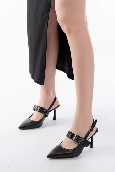 İnf-260 Siyah Simli Günlük Arkası Açık Baret Tokalı Topuklu Ayakkabı - 6