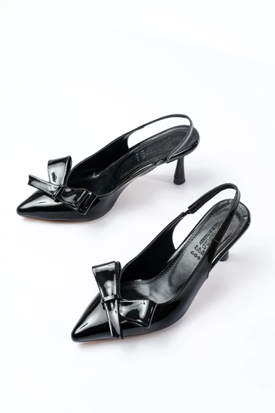 İnf-4501 Siyah Rugan Günlük Arkası Açık Fiyonklu Topuklu Ayakkabı - 3