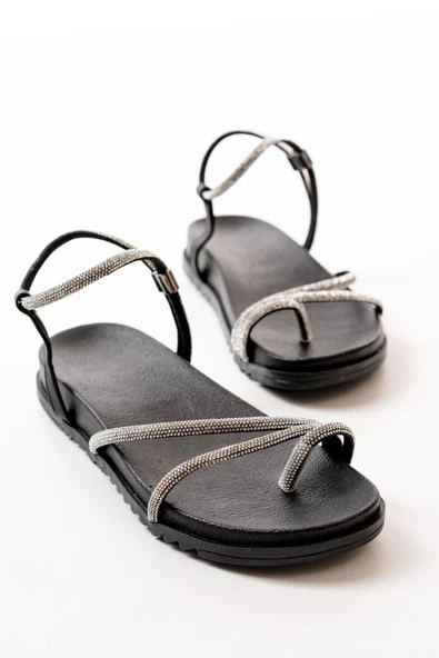 1001-1101 Siyah Gümüş Taşlı Günlük Kadın Sandalet - 5