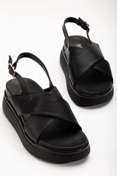 24422-1164 Siyah Dolgu Topuk Kadın Sandalet - 4