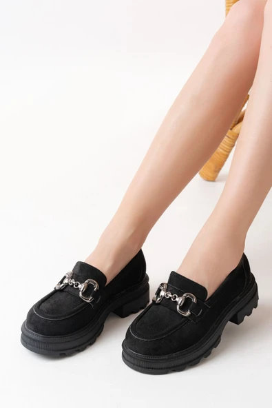 745-773 Siyah Süet Günlük Yüksek Tabanlı Loafer Ayakkabı - 2