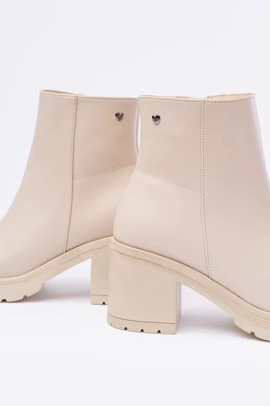 767-3020 Bej Fermuarlı Kalın Topuklu Günlük Kadın Bot - 3