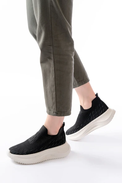 DM-707 Siyah Fileli Beyaz Faillant Taban Taş Aksesuarlı Günlük Spor Ayakkab - 3