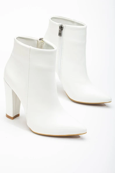 VRT-4801 Beyaz Yüksek Kalın Topuklu Fermuarlı Kadın Bot - 5