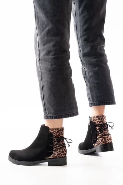 165-209 Siyah Leopar Arka Bağcık Aksesuarlı Fermuarlı Günlük Kadın Bot - 3