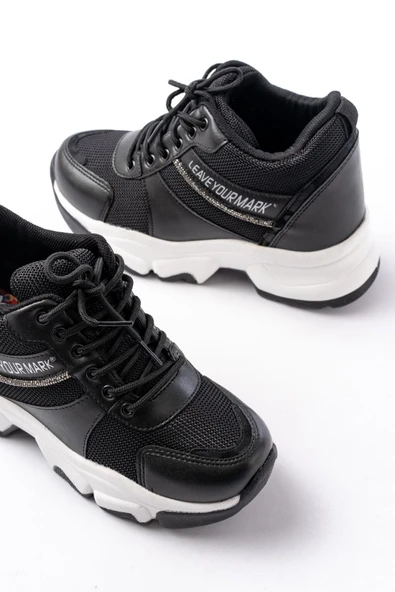 F-209 Siyah Bağcıklı Fileli Taş Aksesuarlı Günlük Spor Ayakkabı - 7