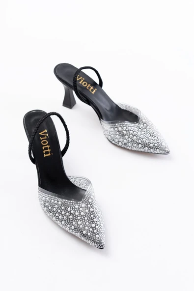 V-1005 Siyah Günlük Arkası Açık Taşlı Topuklu Ayakkabı - 3