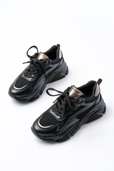 SP-149 Siyah Platin Bağcıklı Fileli Günlük Spor Ayakkabı - 5