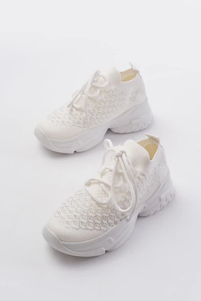 Sp-2024 Bej Günlük Bağcıklı Fileli Taş Aksesuarlı Kadın Spor Ayakkabı - 7