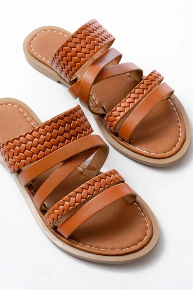 169-161 Taba Örgülü Ortopedik Taban Hakiki Deri Kadın Sandalet - 4