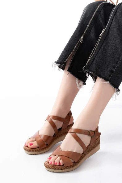 731-045 Siyah Çapraz Hakiki Deri Dolgu Topuklu Günlük Kadın Sandalet - 11