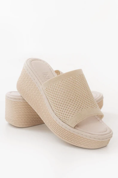 232-460 Bej Triko Günlük Ortopedik Dolgu Topuk Kadın Terlik - 6