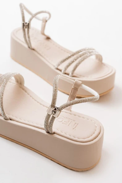 861-1100 Beyaz Günlük Gümüş Taşlı Dolgu Kadın Sandalet - 10