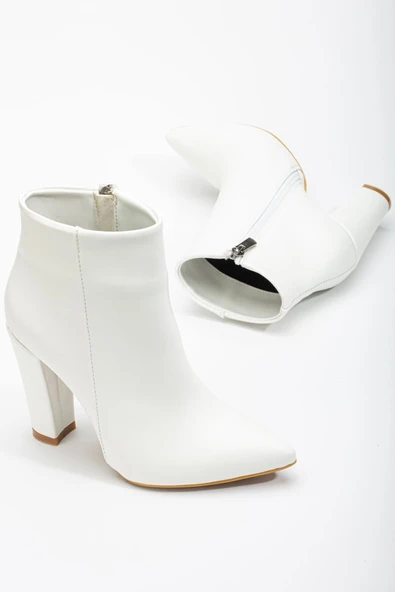 VRT-4801 Beyaz Yüksek Kalın Topuklu Fermuarlı Kadın Bot - 7