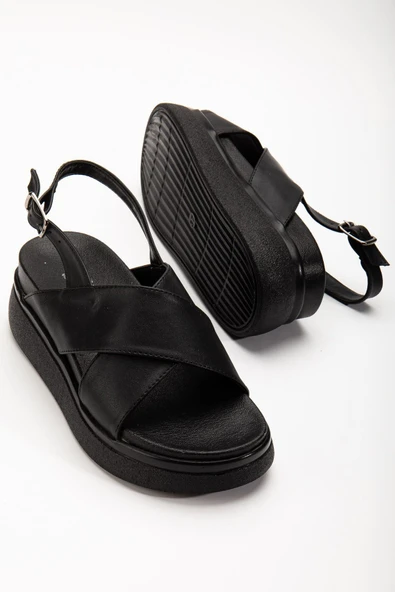 24422-1164 Siyah Dolgu Topuk Kadın Sandalet - 3