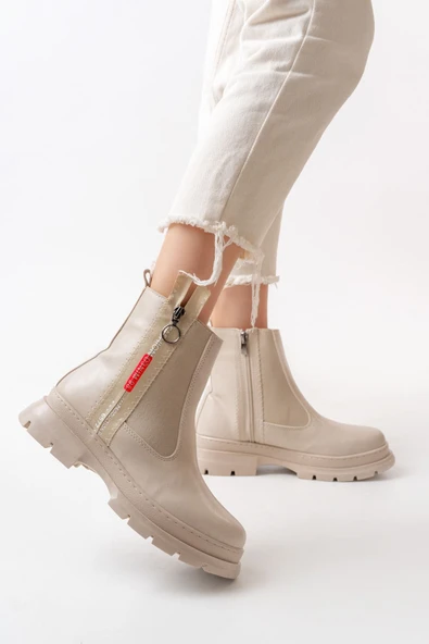 ASM-086 Bej Fashion Aksesuarlı Fermuarlı Günlük Kadın Bot - 2