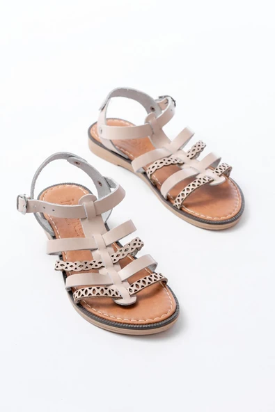 205-014 Siyah Lazerli Kesim Hakiki Deri Ortopedik Taban Günlük Kadın Sandalet - Resim 9