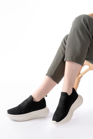 DM-707 Siyah Fileli Beyaz Faillant Taban Taş Aksesuarlı Günlük Spor Ayakkab